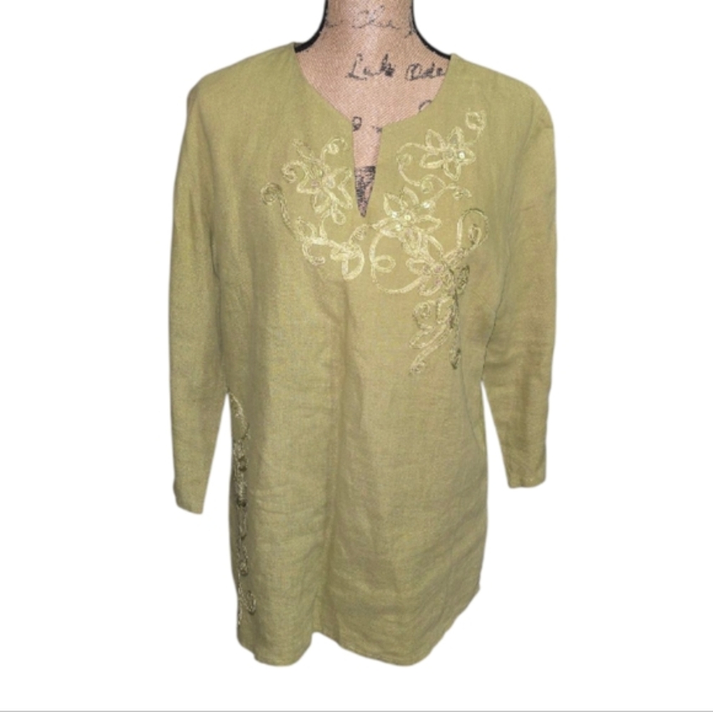 J. M Linen Embroidered Green Tunic Length Top Size 14